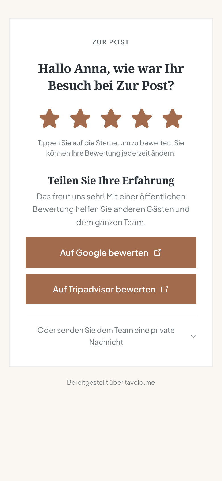 Die Feedback-Seite auf dem Smartphone des Gastes: fünf Sterne, darunter die Buttons zu Google und Tripadvisor